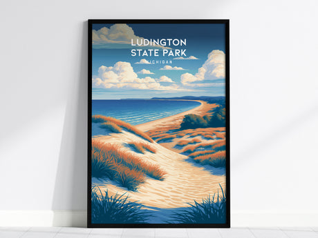 Ludington State Park, Michigan Poster | Dunes & Lighthouse Lakeshore Wall Art — framed wall art, 24x36 in
