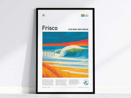Frisco Pier, Outer Banks, North Carolina Poster | Surf Wall Art & Beach House Decor — framed wall art, 24x36 in