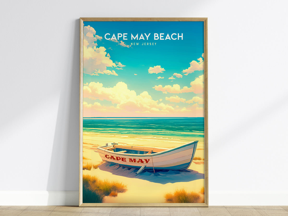 Cape May Beach, New Jersey Poster | Victorian Shore & Sunset Coastal Beach Decor — framed wall art, 24x36 in