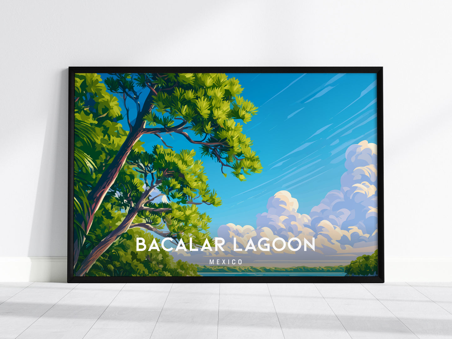 Bacalar Lagoon Landscape Poster | Mexico Vacation Wall Art Destination Print — framed wall art, 24x36 in