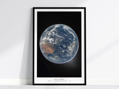 Framed Earth from space poster showcasing vivid blues, greens, and browns, highlighting our planet's beauty in space art.