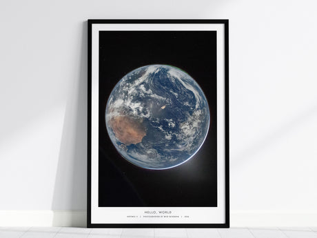 Framed Earth from space poster showcasing vivid blues, greens, and browns, highlighting our planet's beauty in space art.