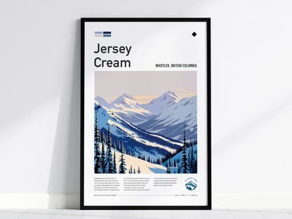 Jersey Cream, Whistler, British Columbia Poster | Alpine Print Ski Lodge Decor Wall Art — framed wall art, 24x36 in