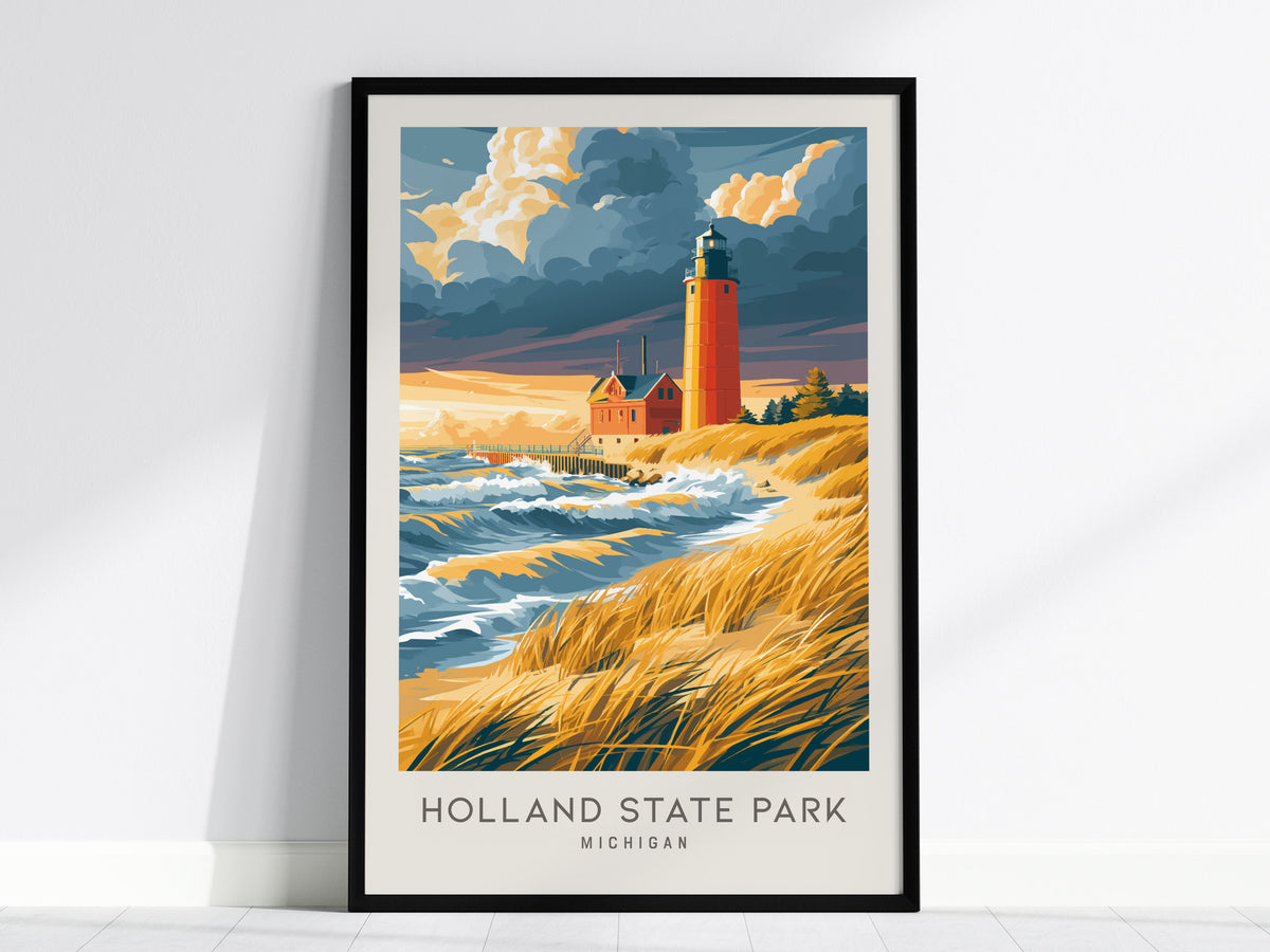 Holland State Park Matte Border Poster | Michigan Travel Wall Art — framed wall art, 24x36 in