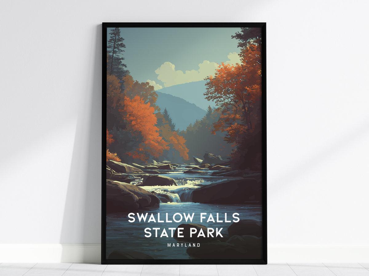 Swallow Falls State Park, Maryland Poster | Waterfall Forest Destination Print Wall Art — framed wall art, 24x36 in