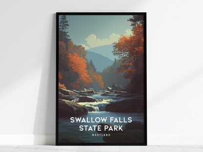 Swallow Falls State Park, Maryland Poster | Waterfall Forest Destination Print Wall Art — framed wall art, 24x36 in