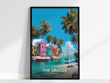 Vibrant Abacos Bahamas poster featuring colorful waterfront houses, palm trees, and sailboats, perfect travel art decor.