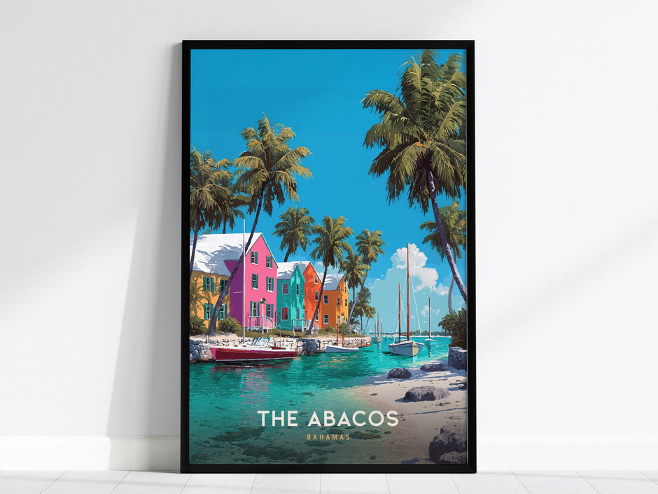 Vibrant Abacos Bahamas poster featuring colorful waterfront houses, palm trees, and sailboats, perfect travel art decor.