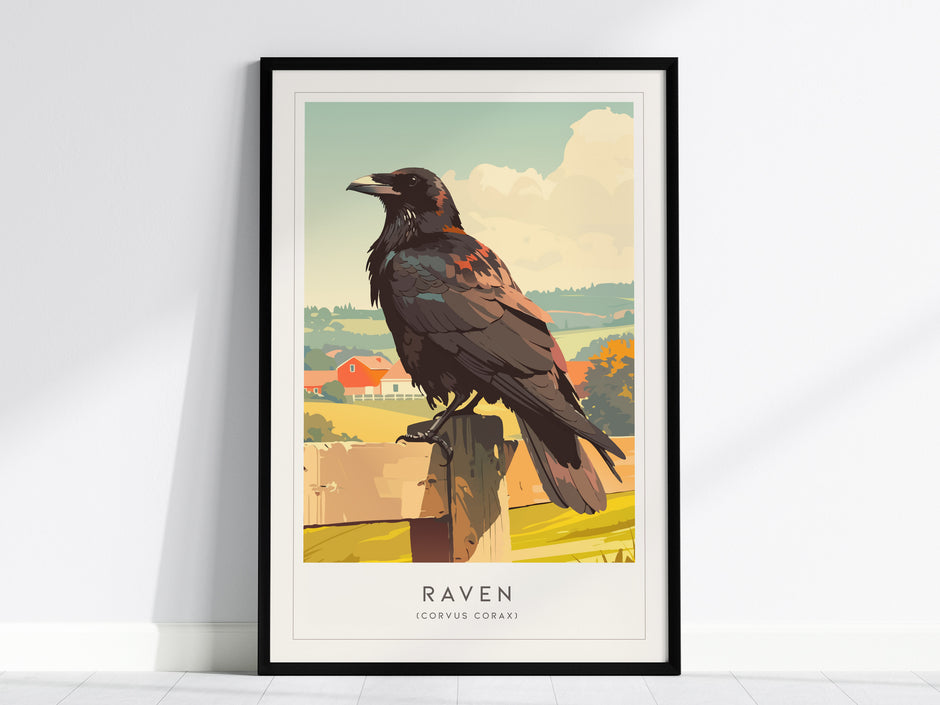 Framed illustration of a raven perched on a wooden post, set in a serene pastoral landscape with rolling hills and a red barn.