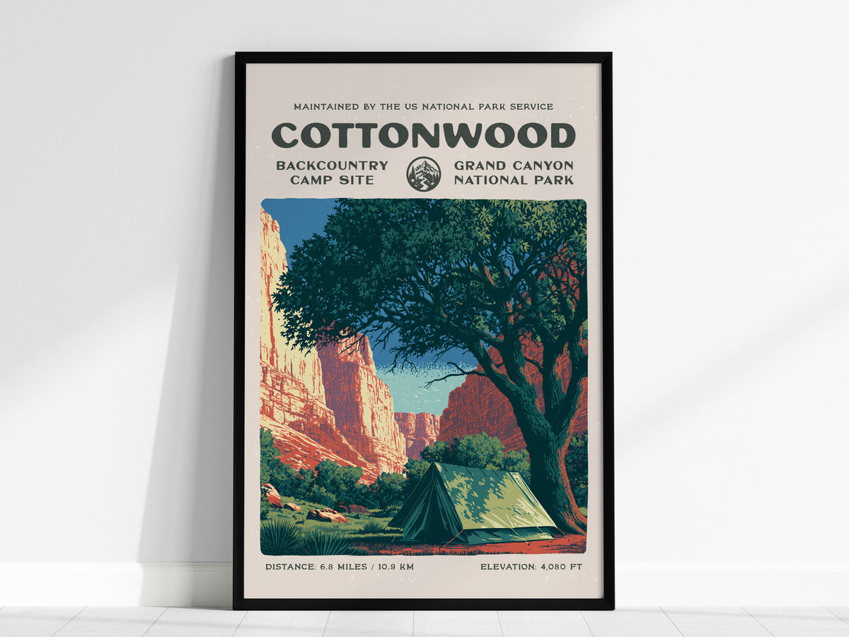Cottonwood Camp, Grand Canyon National Park Poster | Camper Gift | Backcountry Canyon Trail Wall Art — framed wall art, 24x36