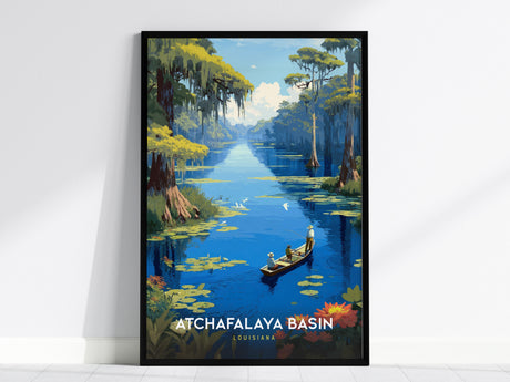 A framed poster of the Atchafalaya Basin features a vibrant illustration of a serene bayou scene with cypress trees, a calm waterway, and a small boat with two people. The image uses rich blues and greens for a tranquil effect.