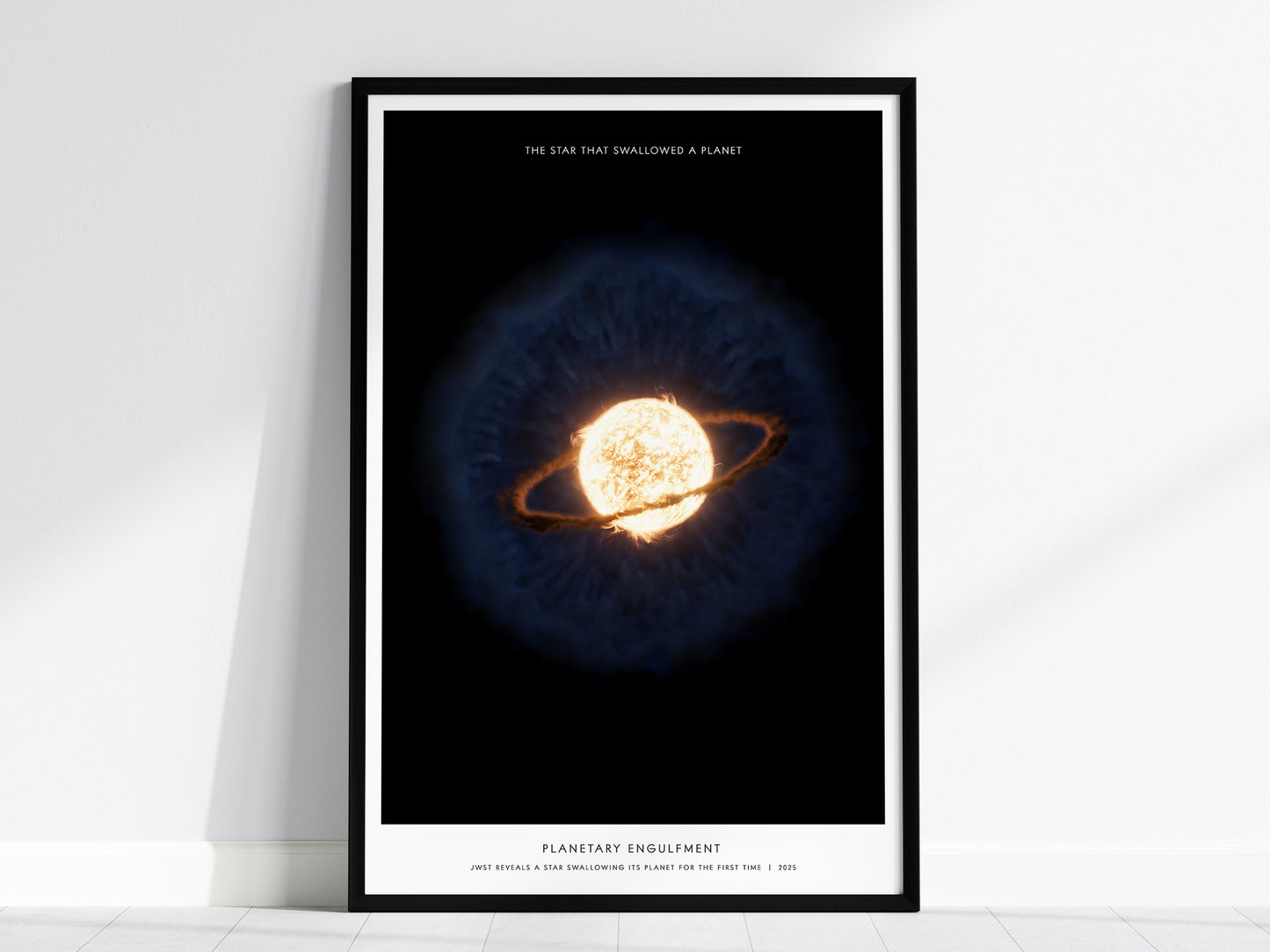 Framed Planetary Engulfment JWST wall art hanging on a white wall in a modern living room