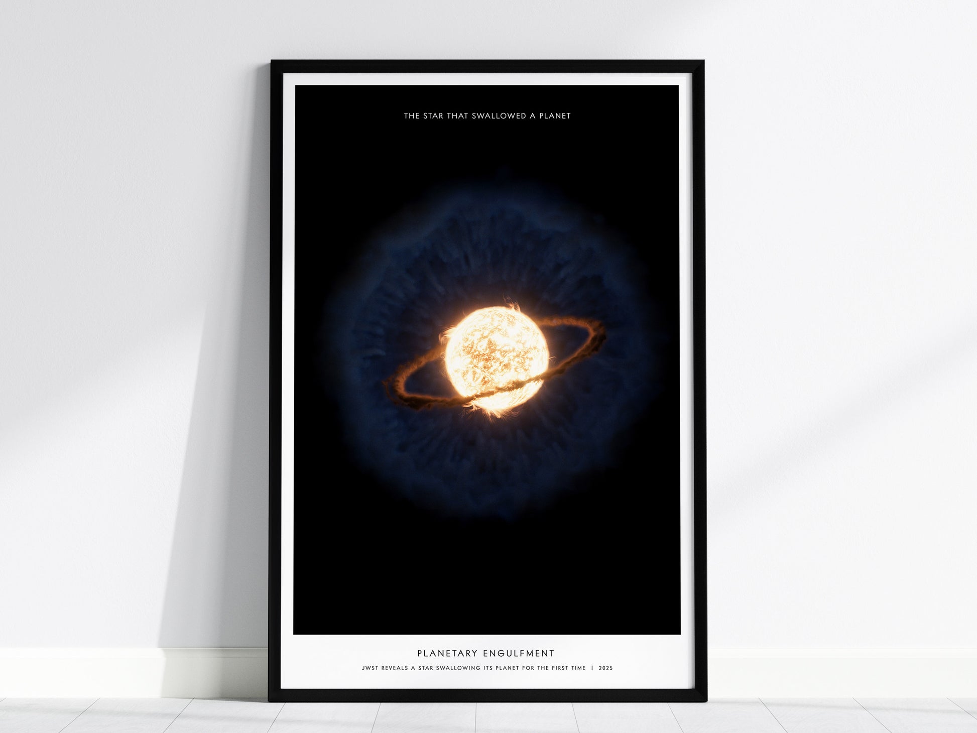 Framed Planetary Engulfment JWST wall art hanging on a white wall in a modern living room