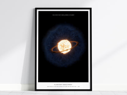Framed Planetary Engulfment JWST wall art hanging on a white wall in a modern living room