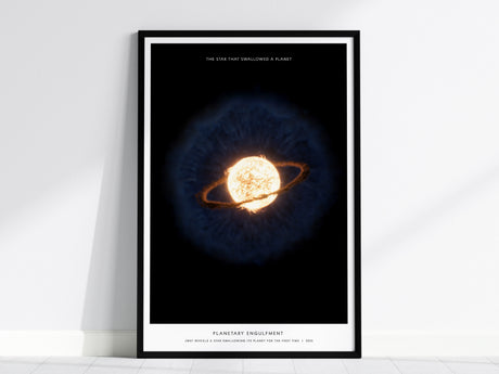 Framed Planetary Engulfment JWST wall art hanging on a white wall in a modern living room