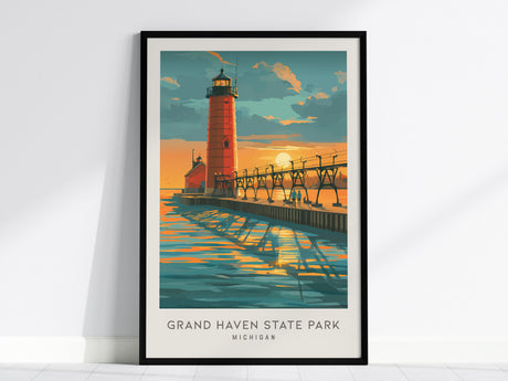 Grand Haven State Park Matte Border Poster | Michigan Coastal Beach Decor Travel Wall Art — framed wall art, 24x36 in