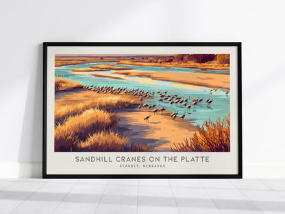 Sandhill Cranes on the Platte Landscape Matte Border Poster | Kearney, Nebraska Framed or Unframed Travel Gift — framed wall