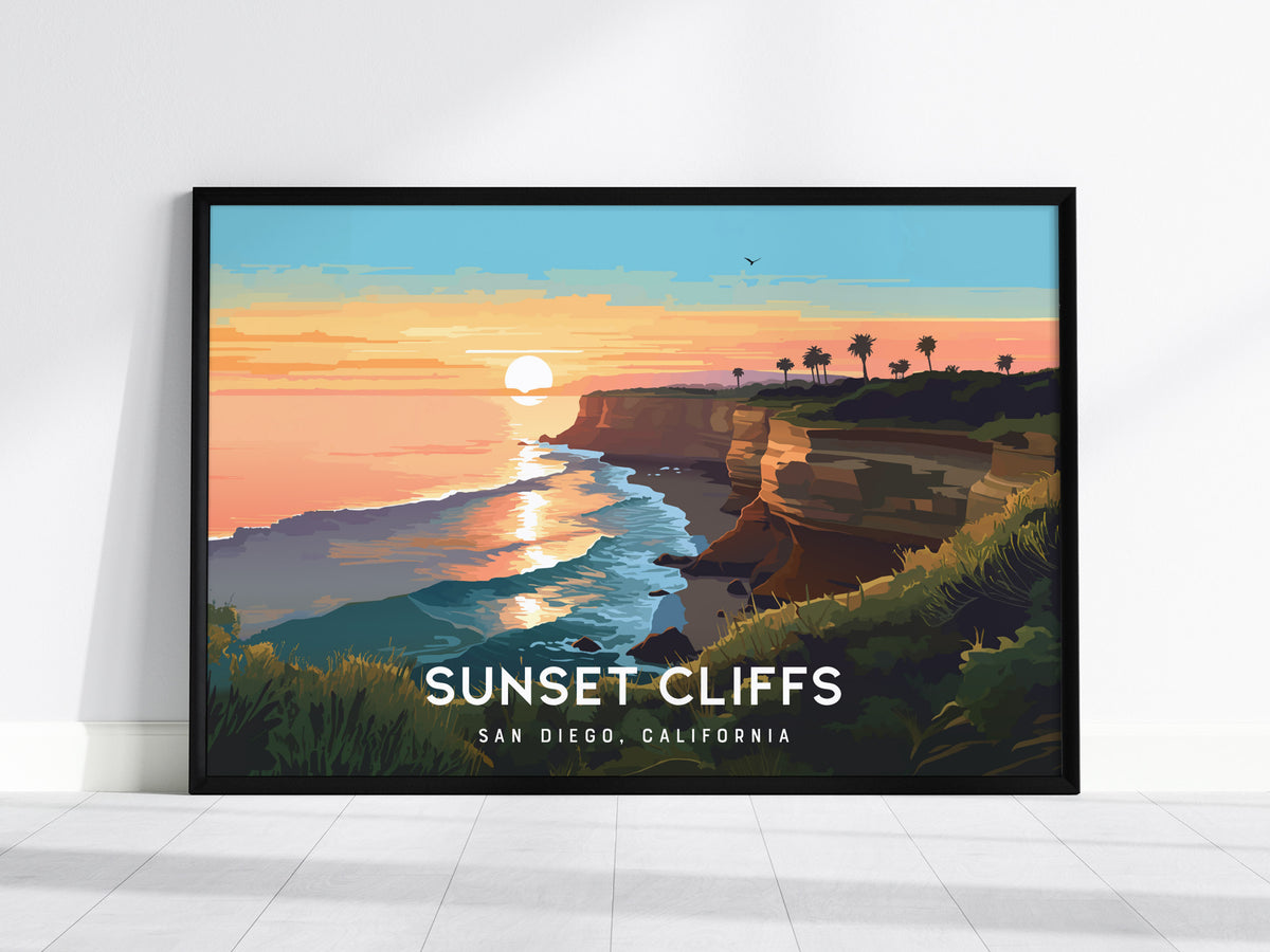 Sunset Cliffs, San Diego, California Landscape Poster | Coastal Beach Decor Wall Art — framed wall art, 24x36 in