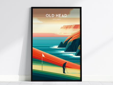 Old Head, Ireland Poster | Dramatic Cliffs & Fairway Golfer Gift Wall Art — framed wall art, 24x36 in