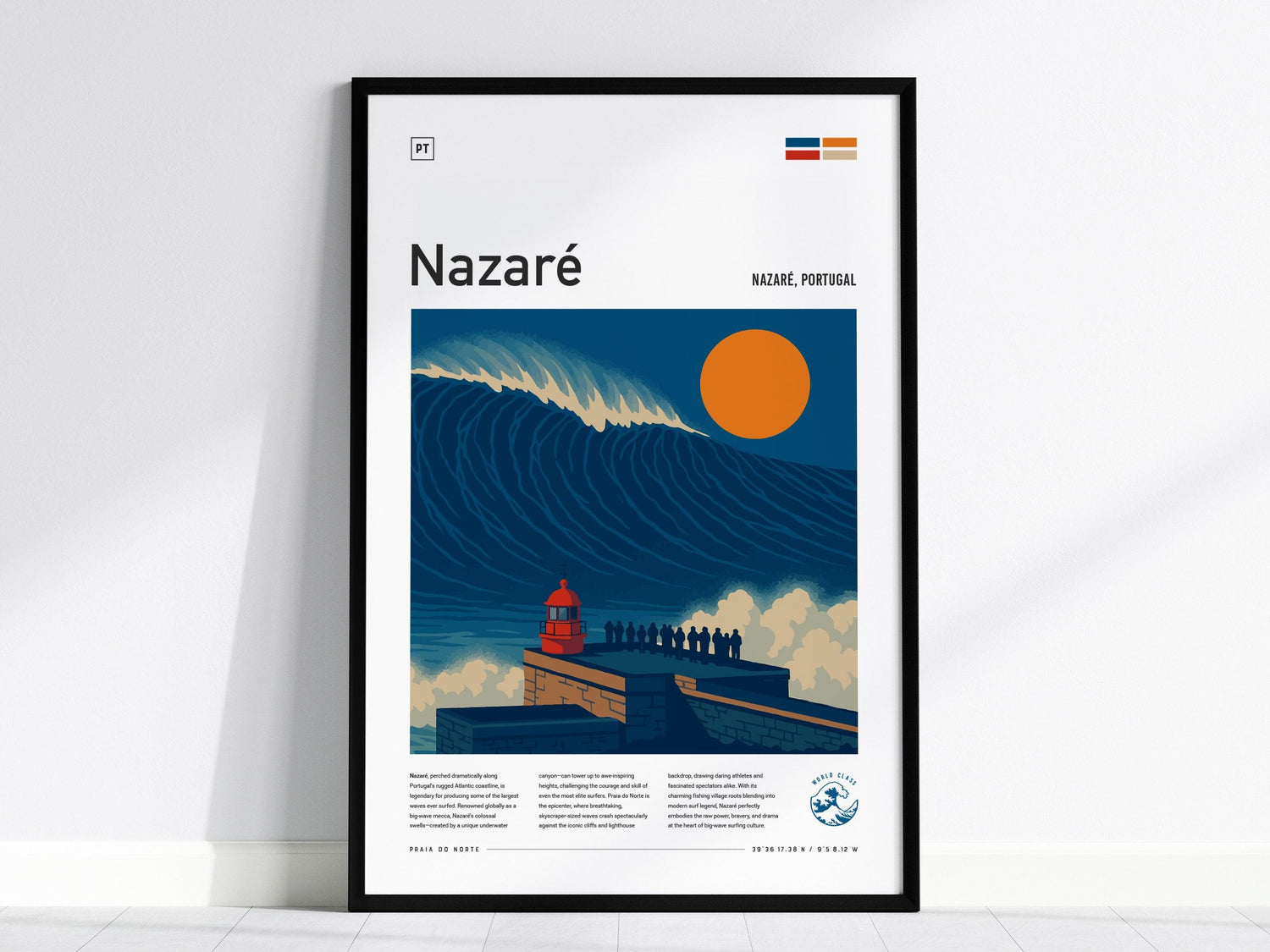 Nazaré Big Wave Surf Spot Framed Poster | Portugal Epic 100 Foot Wave | Modern Wall Art Surfer Nazare Travel Print | Minimalist Design Surfing Decor - Swell Scenes