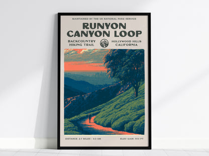 Runyon Canyon Loop, Hollywood Hills, California Poster | Hiker Gift | Bold Backcountry Block Print Wall Art — framed wall art