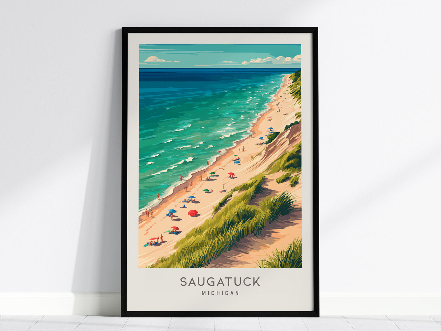 Saugatuck Matte Border Poster | Michigan Coastal Beach Decor Travel Wall Art — framed wall art, 24x36 in