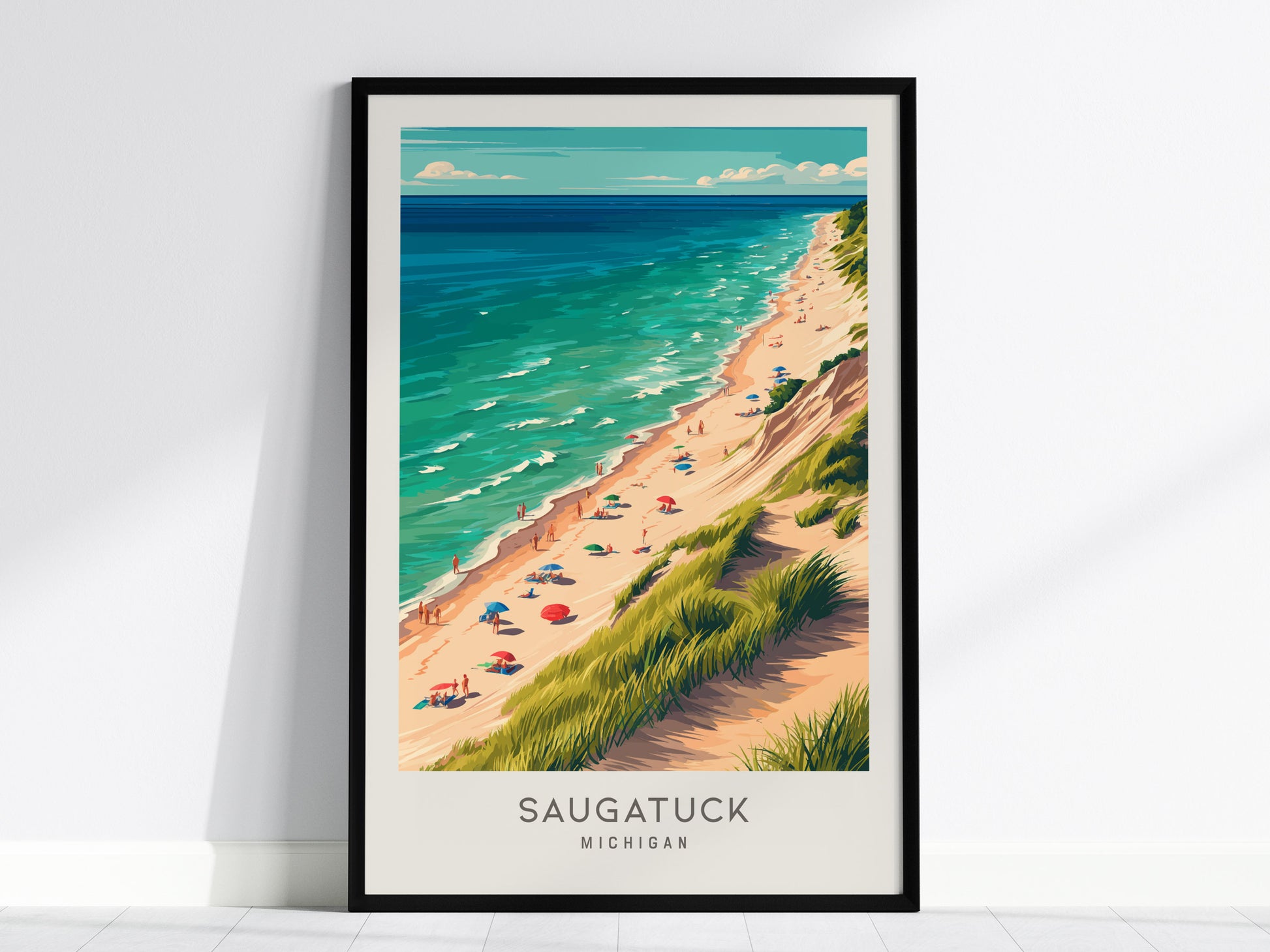 Saugatuck Matte Border Poster | Michigan Coastal Beach Decor Travel Wall Art — framed wall art, 24x36 in