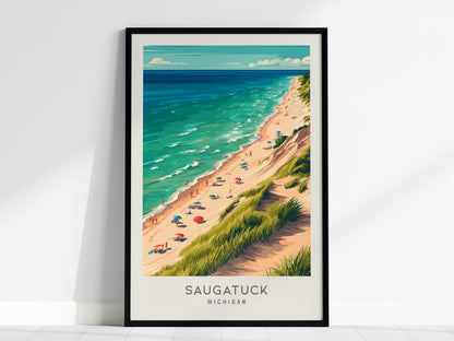 Saugatuck Matte Border Poster | Michigan Coastal Beach Decor Travel Wall Art — framed wall art, 24x36 in