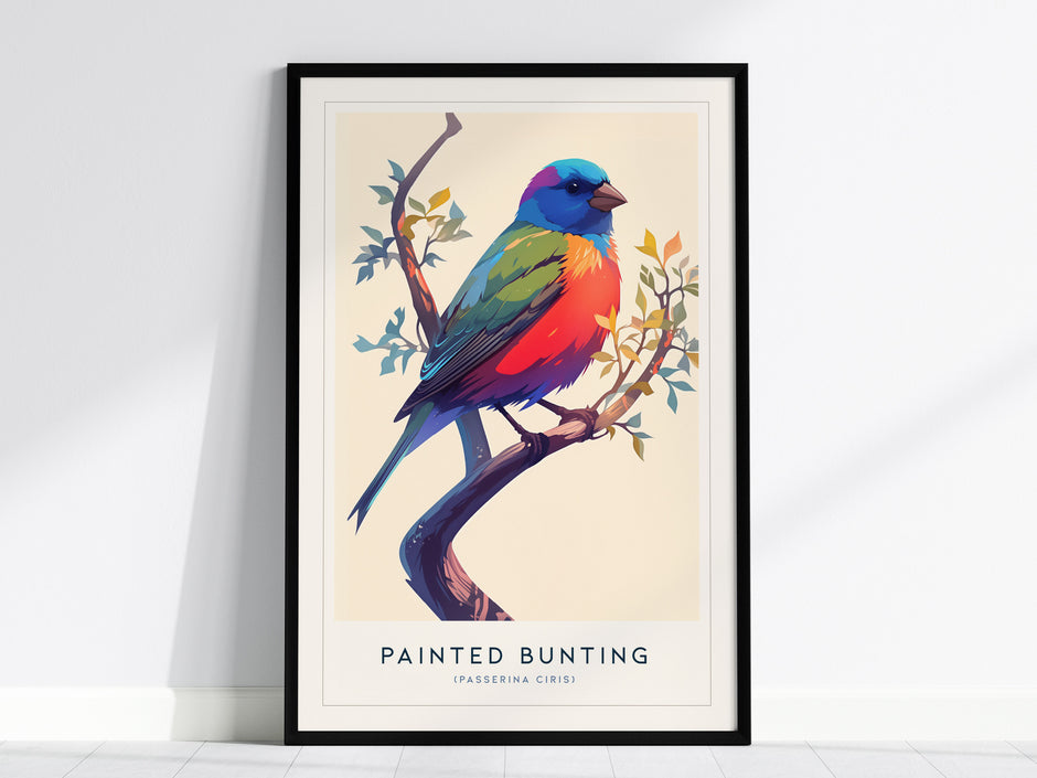 Vibrant Painted Bunting art print by Swell Scenes, showcasing bold blue, green, and red colors on a branch, perfect for wildlife art lovers.