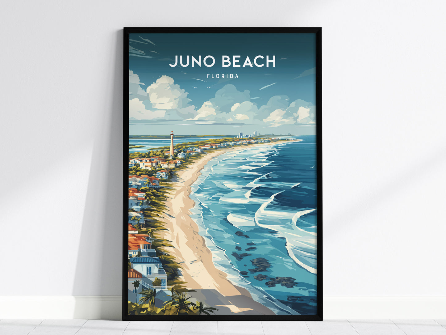 Juno Beach, Florida Poster | Sea Turtle & Sunrise Shoreline Wall Art — framed wall art, 24x36 in