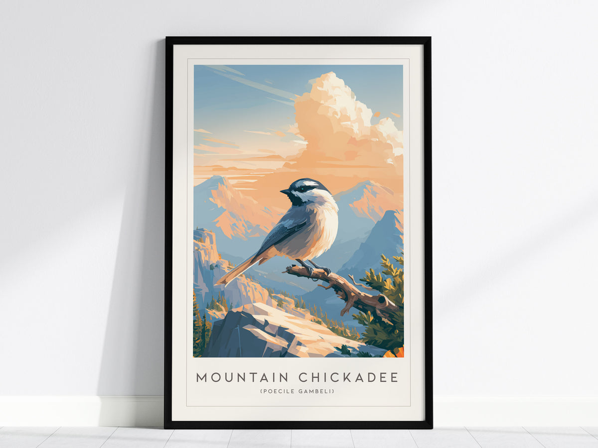 Mountain Chickadee, Poecile gambeli Poster | Bold Birder Gift Nature Wall Art — framed wall art, 24x36 in