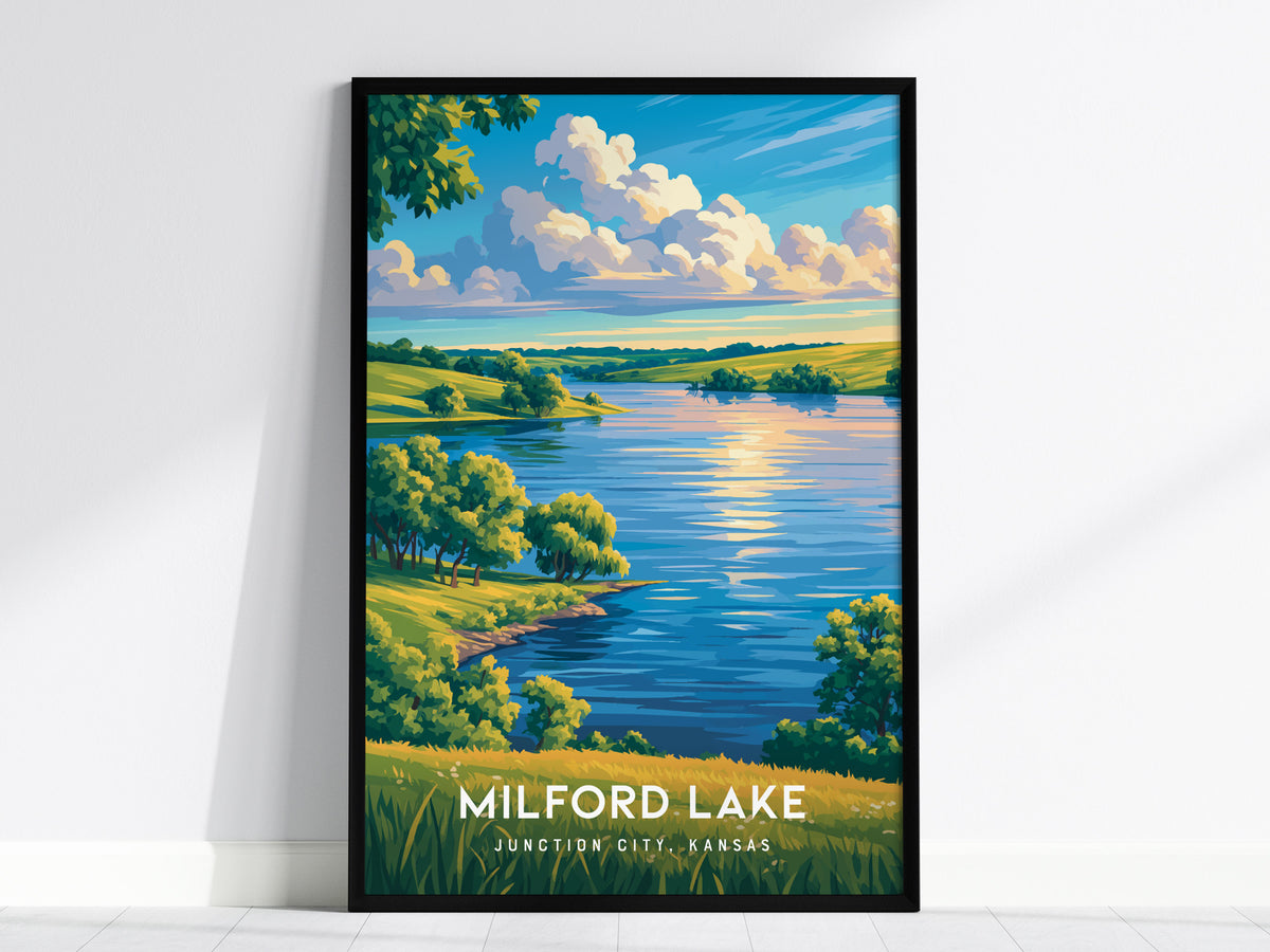 Milford Lake, Junction City, Kansas Poster | Lakeside Serenity Destination Print Wall Art — framed wall art, 24x36 in
