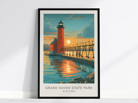 Grand Haven State Park Matte Border Poster | Michigan Coastal Beach Decor Travel Wall Art — framed wall art, 24x36 in