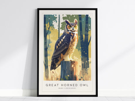 A framed poster features a stylized illustration of a Great Horned Owl perched on a stump against a colorful, abstract forest background.