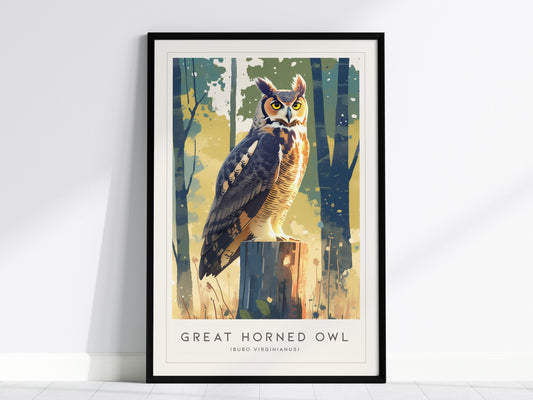 Great Horned Owl Moon Framed Poster | Hoot Owl Bird Lover Nature Modern Wall Art | Bird Of Prey Audubon Print Decor