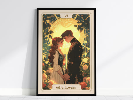 A beautifully illustrated poster of The Lovers Tarot card features two figures standing closely together, surrounded by lush greenery and blooming roses.