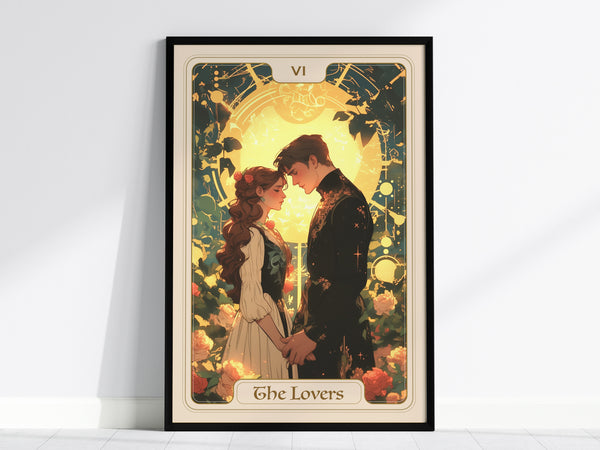 A beautifully illustrated poster of The Lovers Tarot card features two figures standing closely together, surrounded by lush greenery and blooming roses.