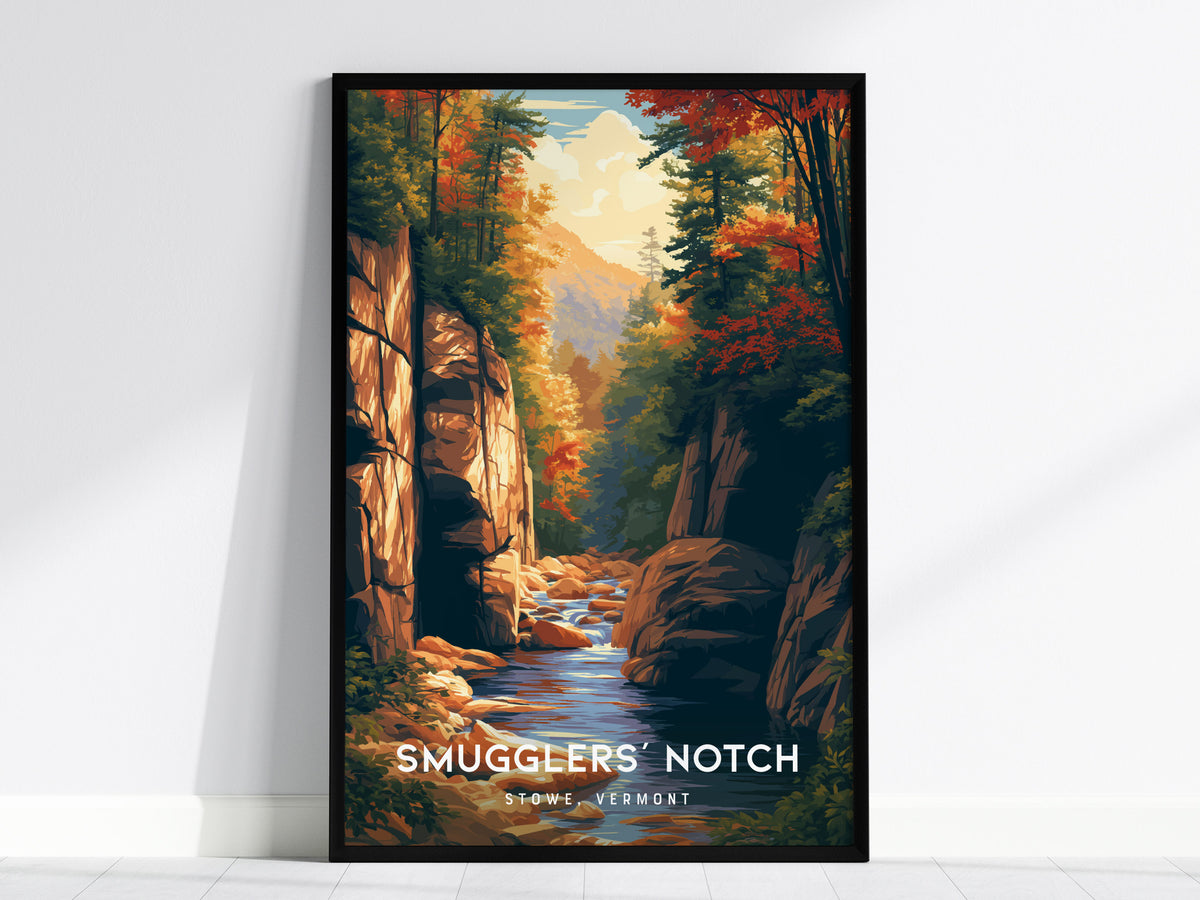 Smugglers' Notch, Stowe, Vermont Poster | Mountain Pass Destination Print Wall Art — framed wall art, 24x36 in