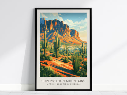 Superstition Mountains Matte Border Poster | Apache Junction, Arizona Travel Wall Art — framed wall art, 24x36 in