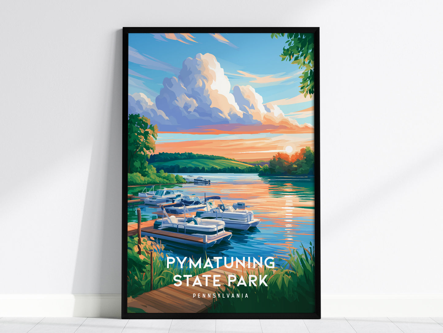 Pymatuning State Park, Pennsylvania Poster | Lakeside Geese & Spillway Wall Art — framed wall art, 24x36 in