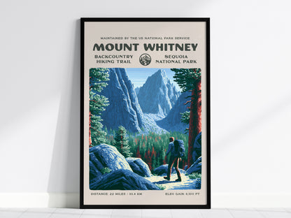 Mount Whitney, Sequoia National Park Poster | Hiker Gift | Backcountry Trail Wall Art — framed wall art, 24x36 in