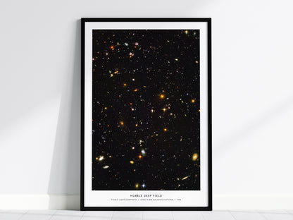 Framed poster of the Hubble Deep Field with a black frame on a white wall.