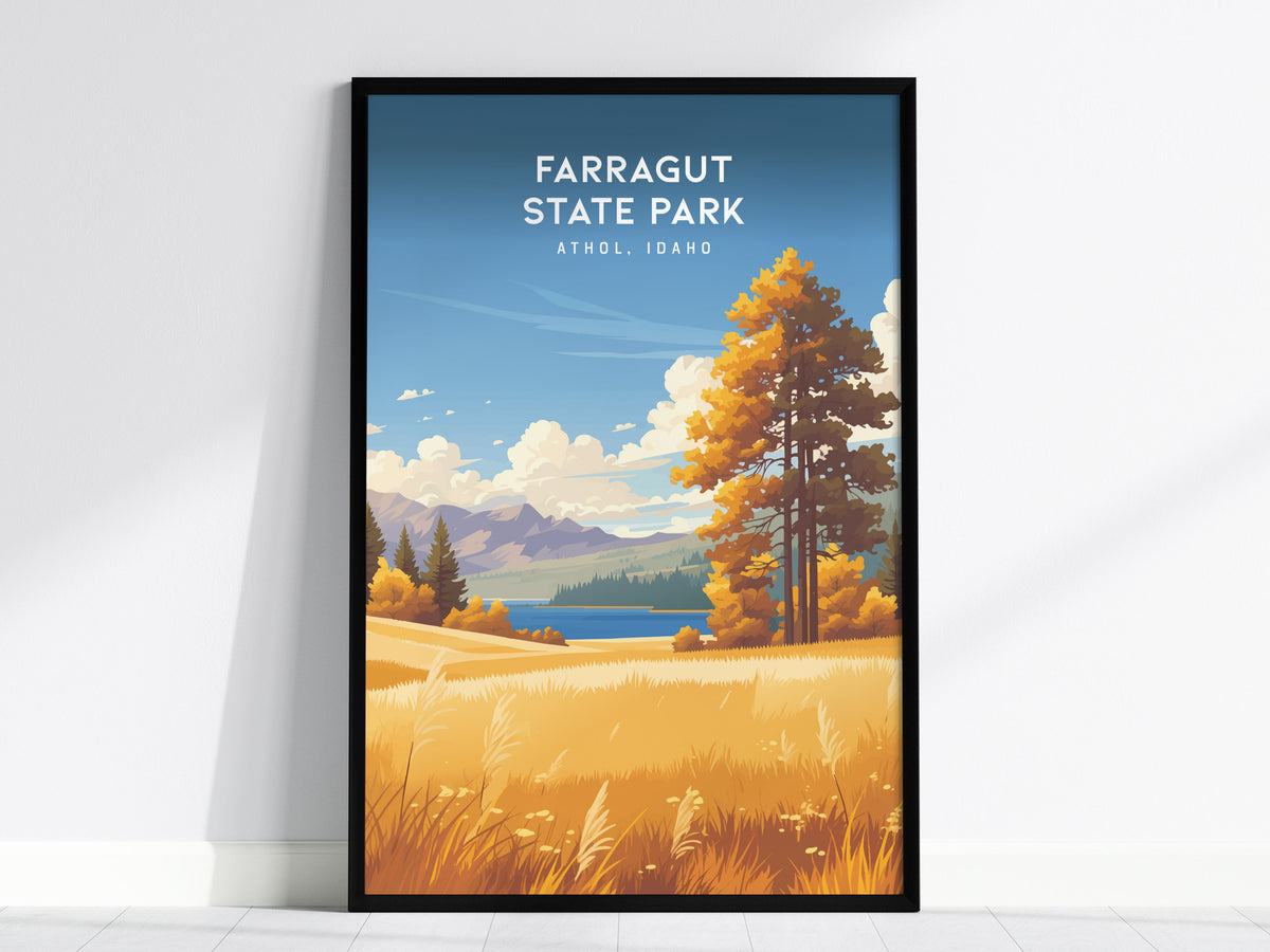 Farragut State Park, Athol, Idaho Poster | Lakeside Mountain Wilderness Destination Print Wall Art — framed wall art, 24x36 i