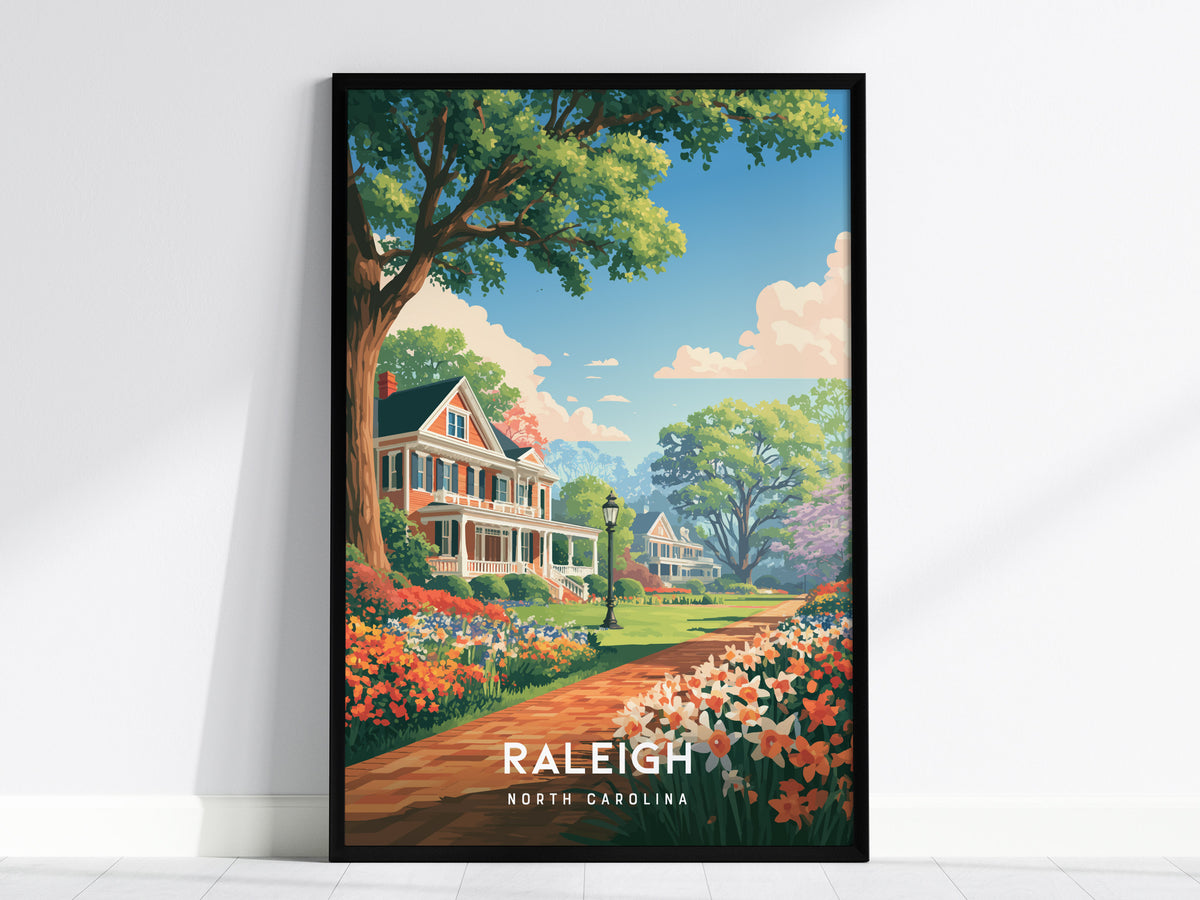 Raleigh, North Carolina Poster | Oak City Skyline Destination Print Wall Art — framed wall art, 24x36 in