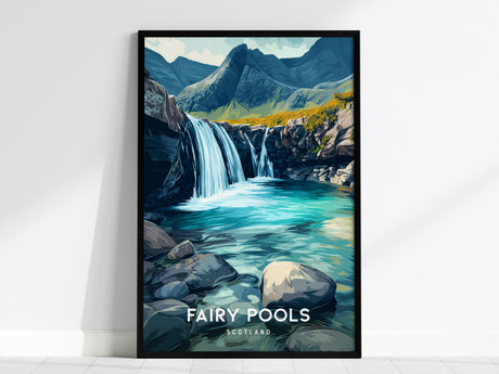 Fairy Pools, Scotland Poster | Misty Highland Waterfall Travel Wall Art — framed wall art, 24x36 in