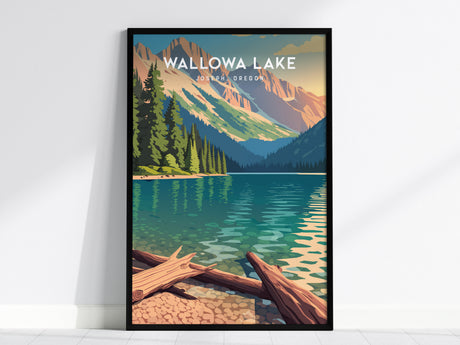 Wallowa Lake, Joseph, Oregon Poster | Mountain Lodge Destination Print Wall Art — framed wall art, 24x36 in