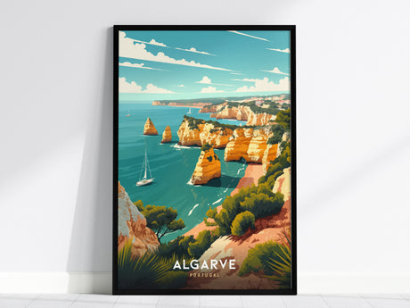 Framed illustration of Algarve, Portugal, showcasing golden cliffs and turquoise waters with sailboats in the distance. The vibrant poster highlights the regions dramatic coastal landscape under a bright blue sky.