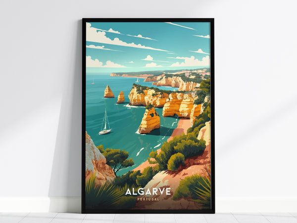 Framed illustration of Algarve, Portugal, showcasing golden cliffs and turquoise waters with sailboats in the distance. The vibrant poster highlights the regions dramatic coastal landscape under a bright blue sky.