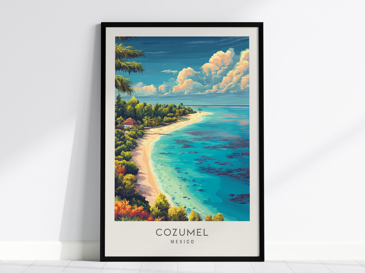 Cozumel Matte Border Poster | Mexico Coastal Beach Decor Vacation Wall Art — framed wall art, 24x36 in