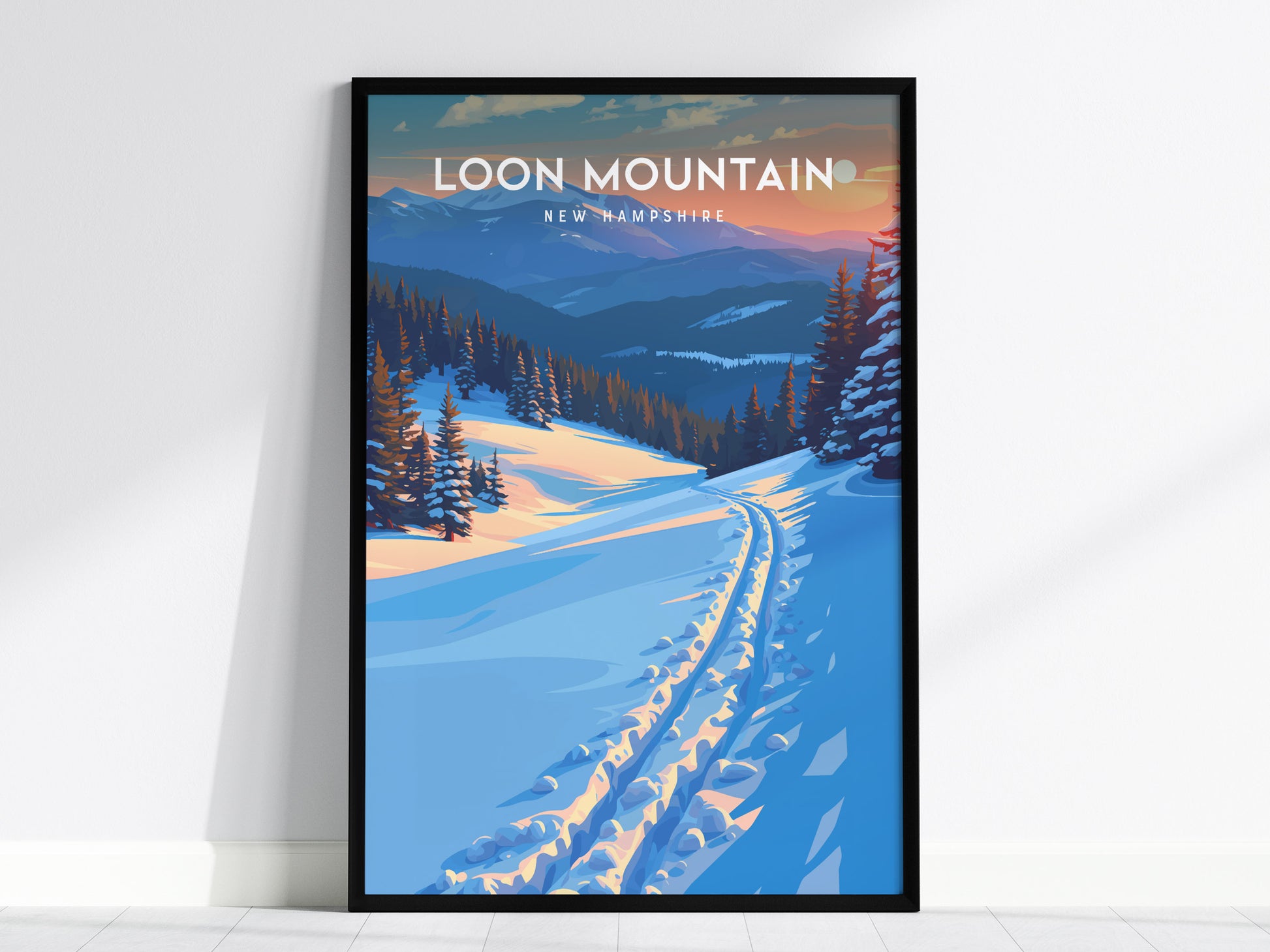 Loon Mountain, New Hampshire Poster | Alpine Ski Lodge Destination Print Wall Art — framed wall art, 24x36 in